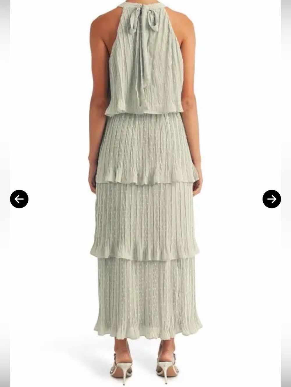 AROSE LAUREN HALTER NECK PLEATED SWISS DOT TIERED SAGE GREEN MIDI DRESS S/M NWT - Picture 6 of 11